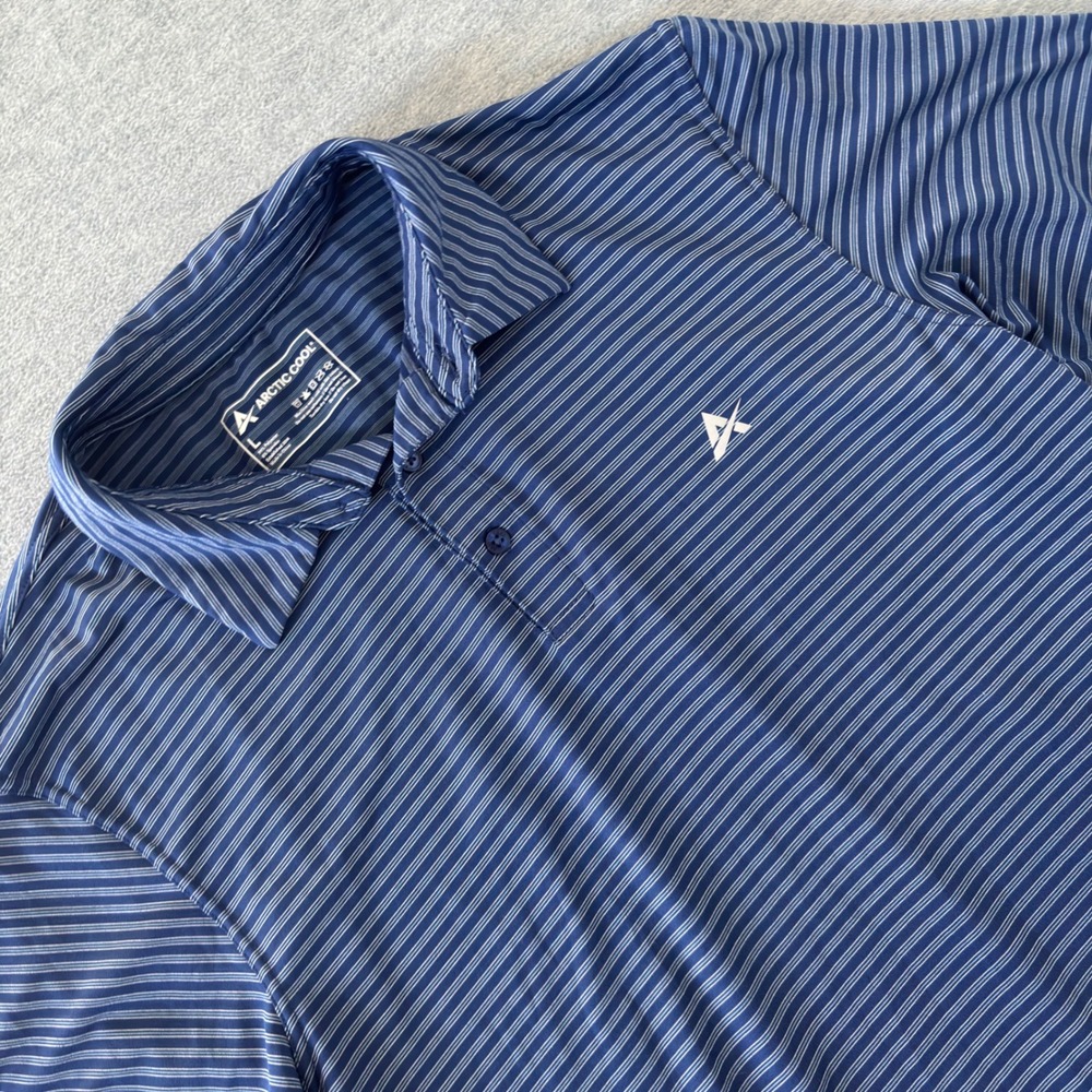Arctic Cool Mens Performance Polo Shirt L Blue Striped Cooling Short Sleeve Golf